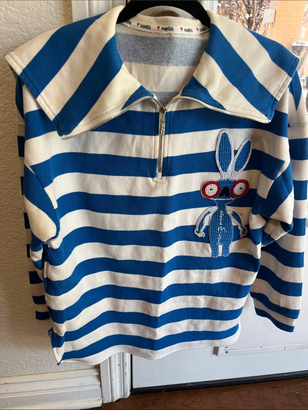 KIMSS Blue/White Striped Quarter Zipped Bunny Patch Sweatshirt Korean Streetwear